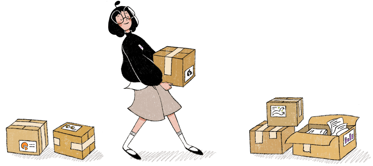 Hand-drawn person carrying customer workflow boxes